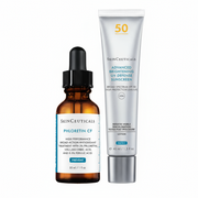 SkinCeuticals Phloretin CF serum and Advanced Brightening UV Defense Sunscreen on a beige background