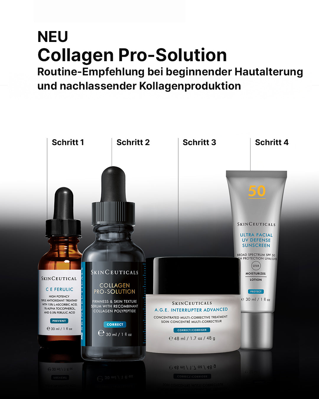 Set of skincare products Collagen_Pro_Solution_CE Ferulic_ AGE Interrupter Advanced_Ultra Facial UV DEfense Sunscreen as recomenndation for best results