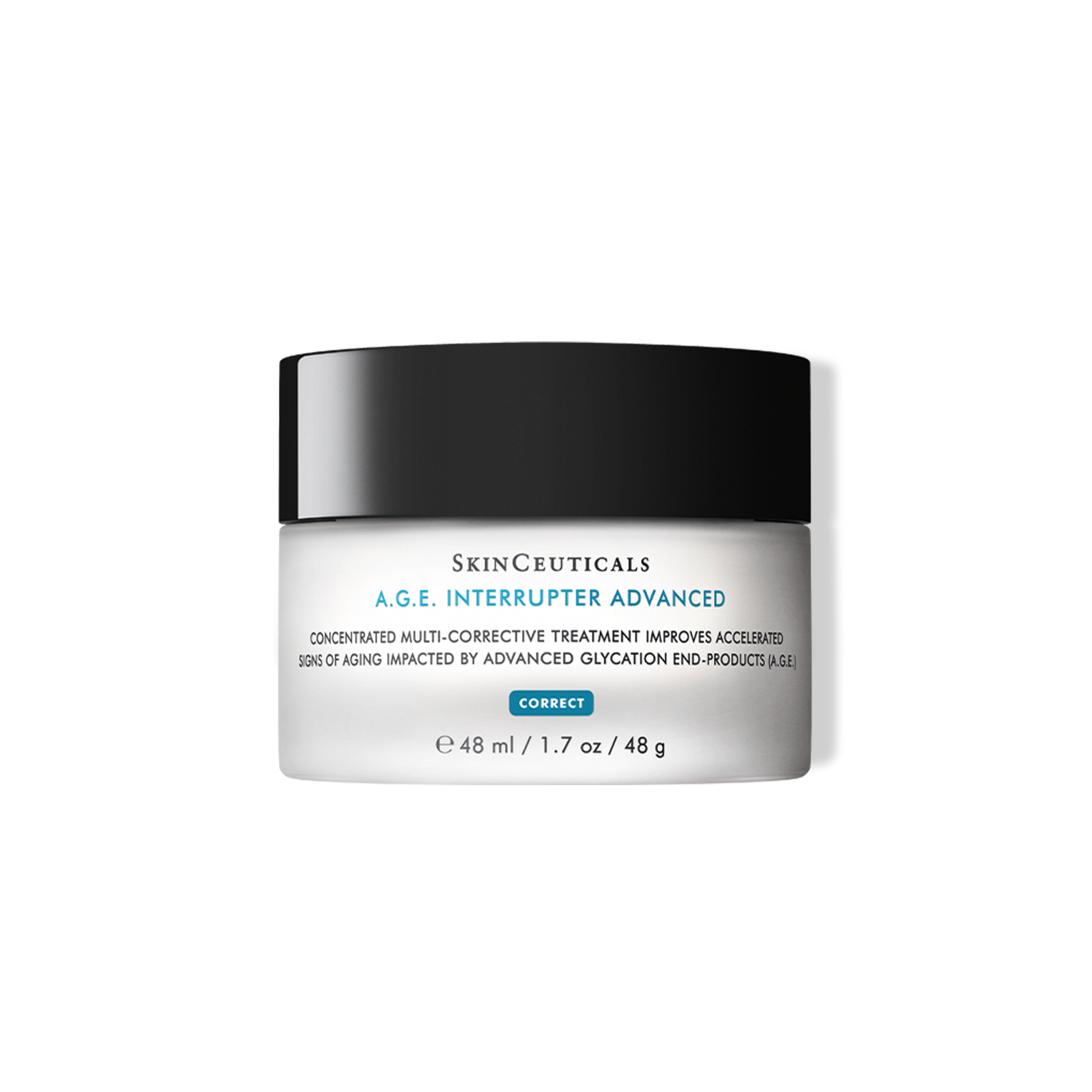 A jar of SkinCeuticals A.G.E. Interrupter Advanced cream, which is a corrective treatment for signs of skin aging.