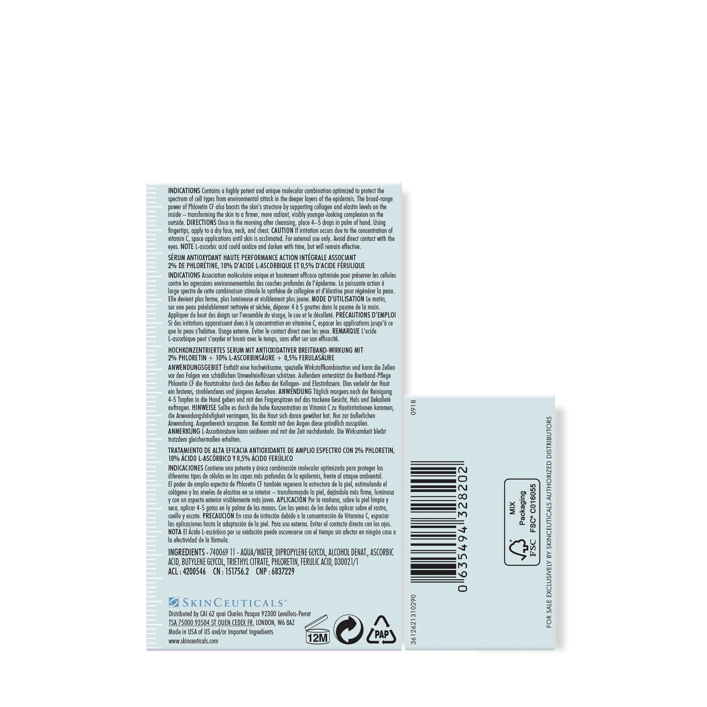 Back label of a skincare product SkinCeuticals Phloretin CF with text and barcodes on a white background