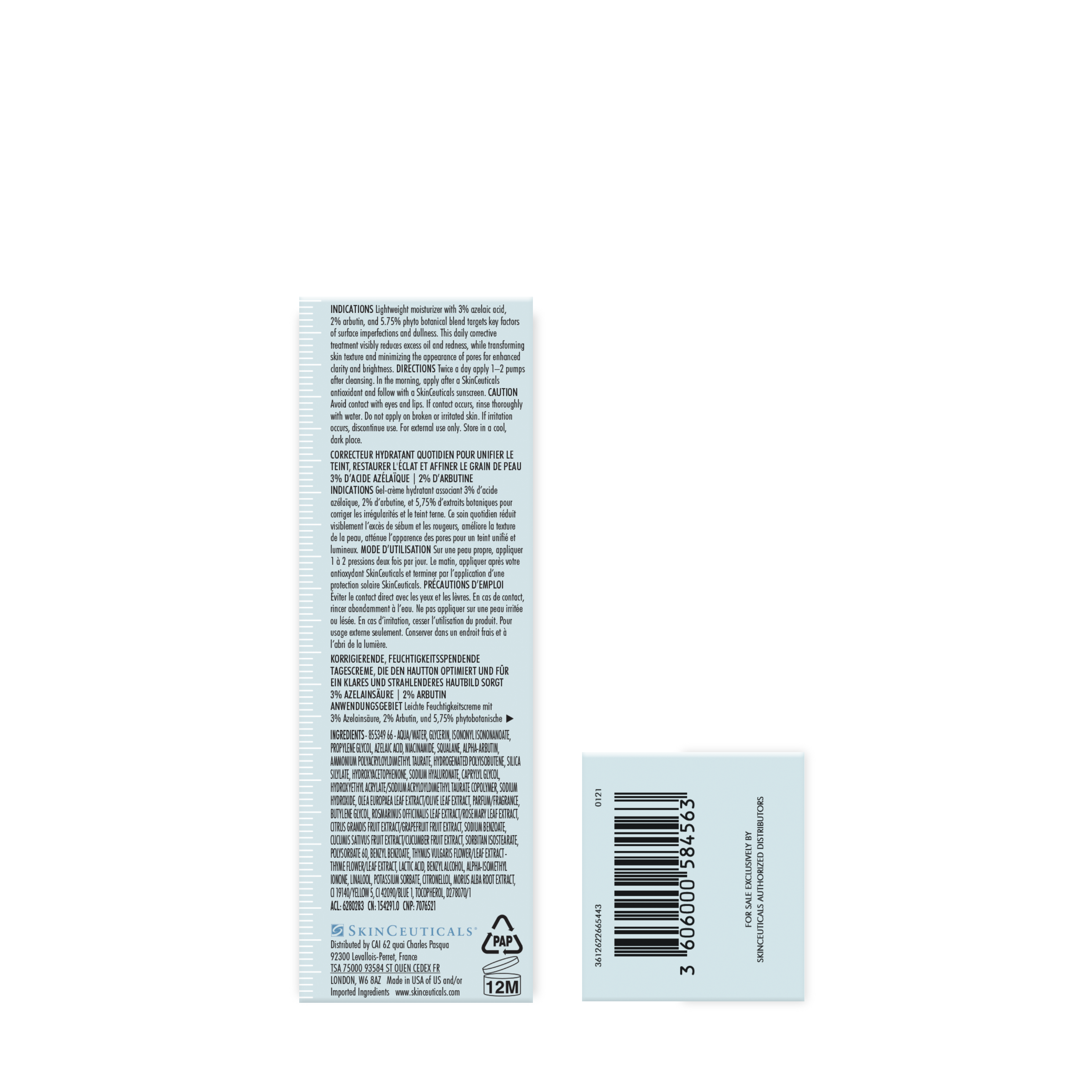 Product label with text and barcode on a white background