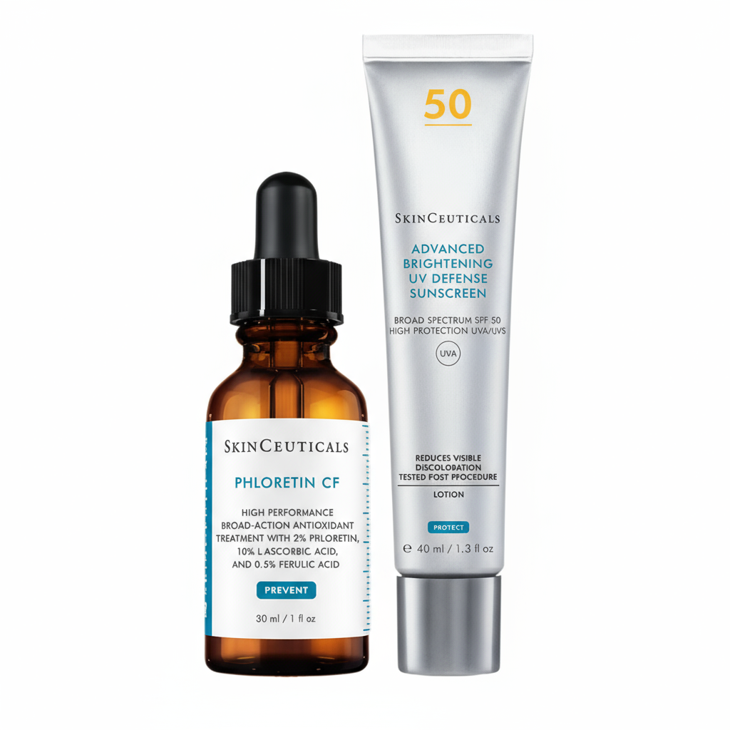SkinCeuticals Phloretin CF serum and Advanced Brightening UV Defense Sunscreen on a beige background