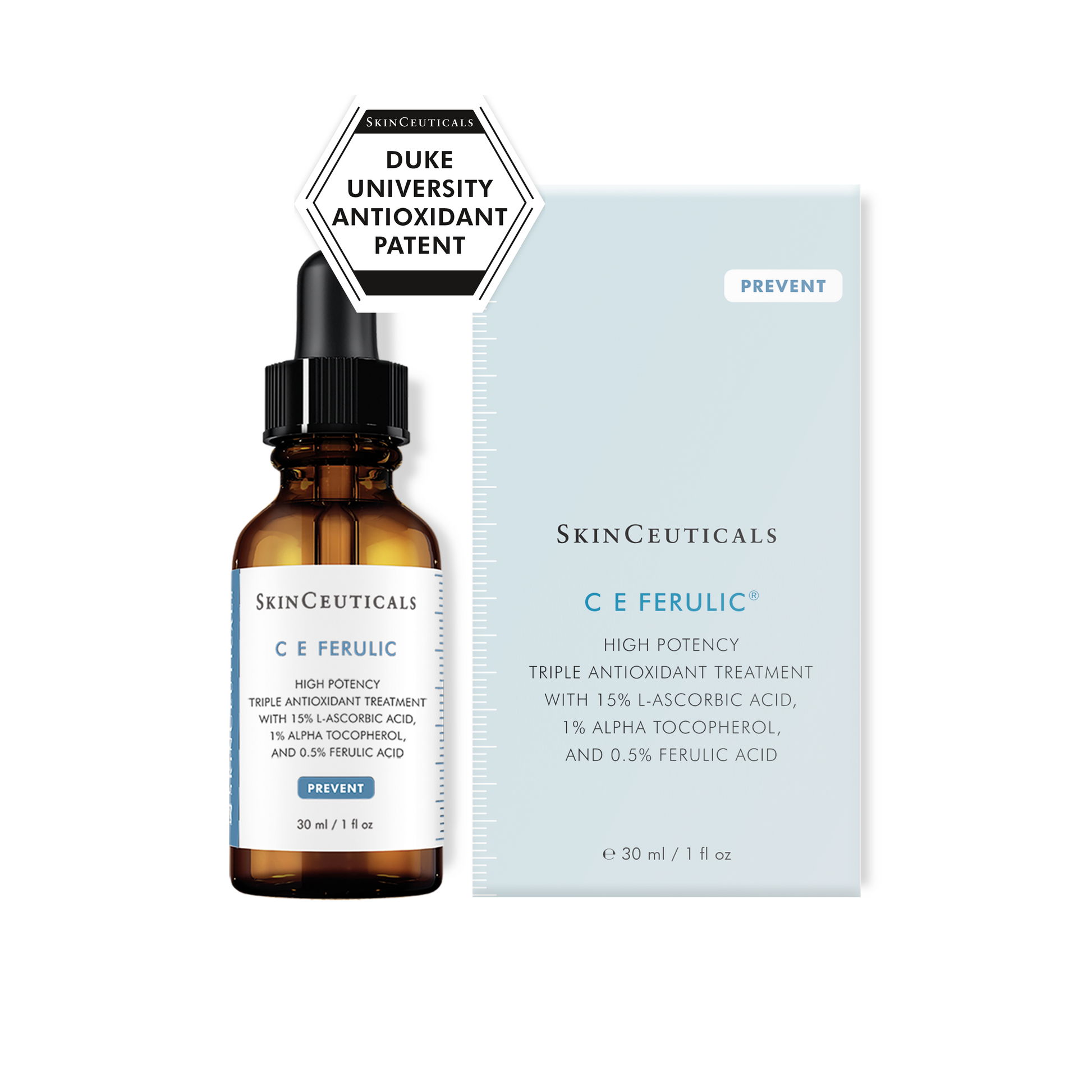 SkinCeuticals C E Ferulic skincare product with dropper and packaging on a white background